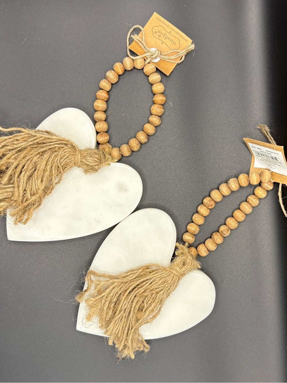 Mud Pie White Heart Ornament with Natural Wood Beads and Jute Tassel